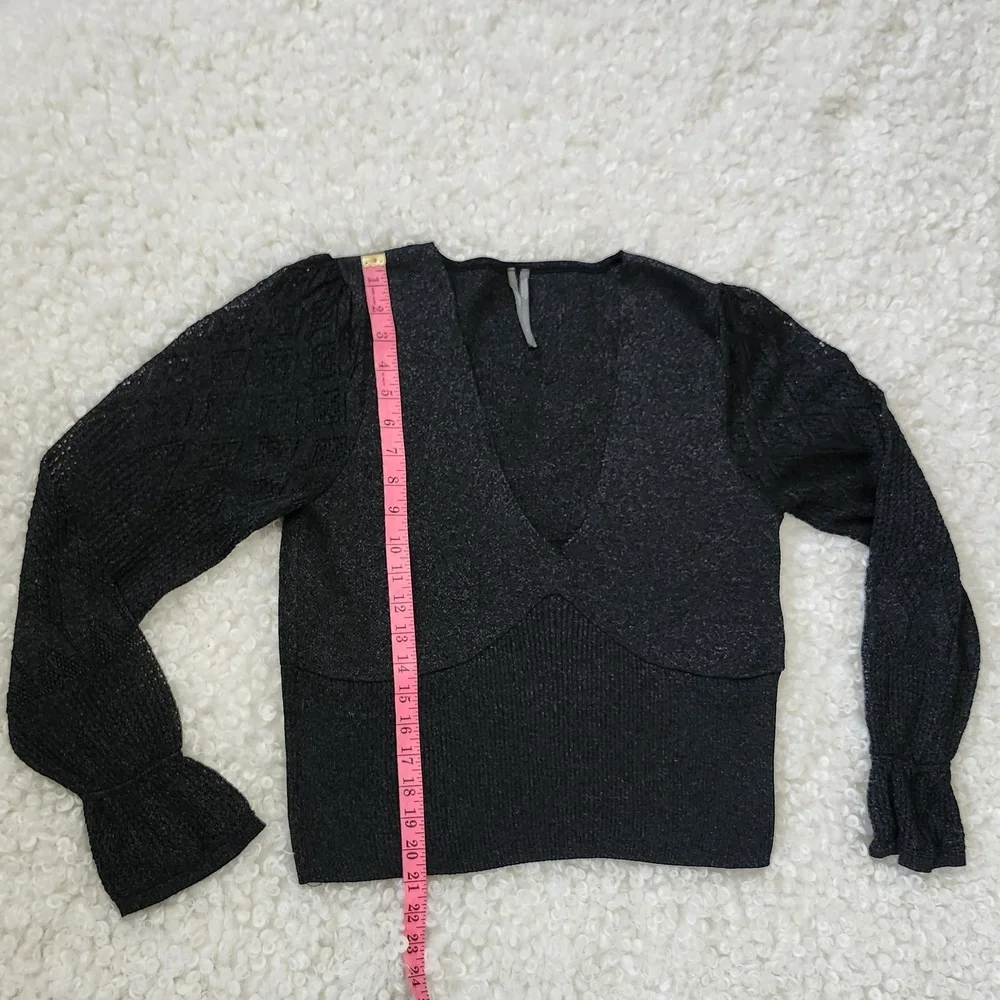 ⭐ HOST PICK⭐ Anthropologie L Metallic V-Neck Twofer Sweater Black Woven Sleeve - Picture 11 of 15
